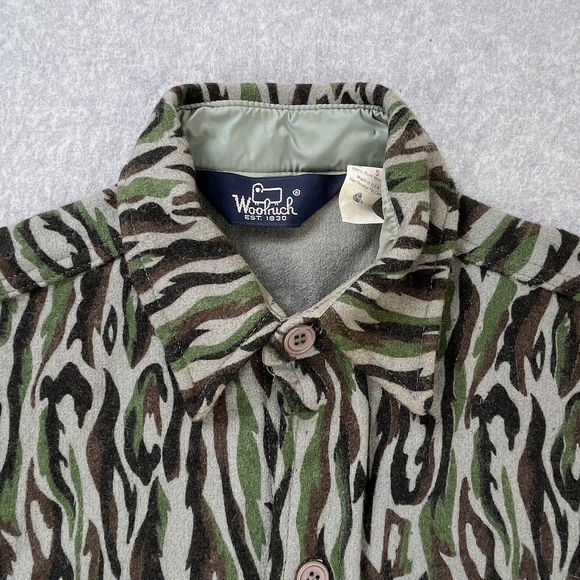 Vintage 80s Woolrich Wool Button Up Shirt Mens Small Tree Bark Camo Made In USA - Picture 8 of 13